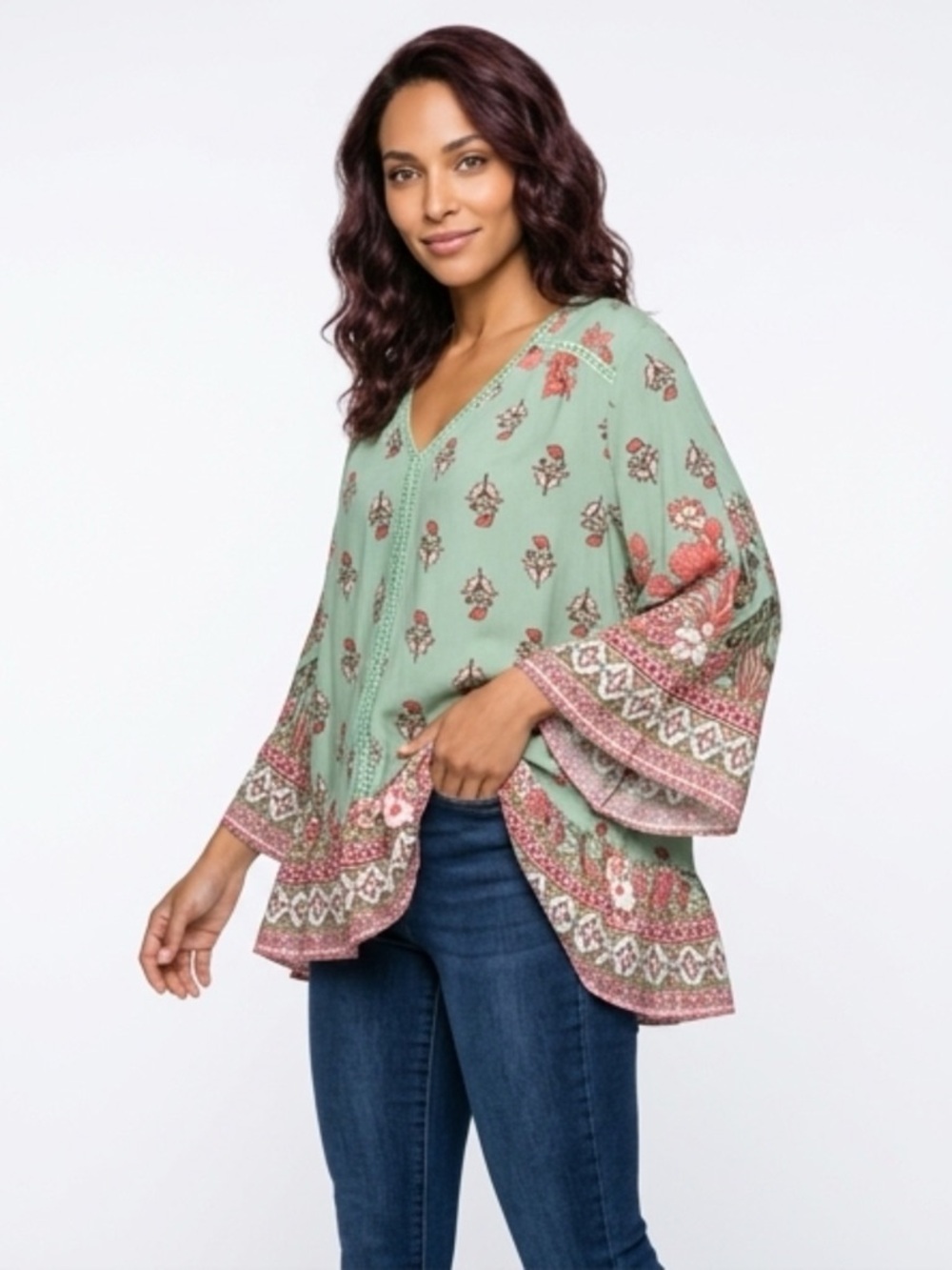 Suzanne Betro Mint Floral V-Neck Boho Tunic